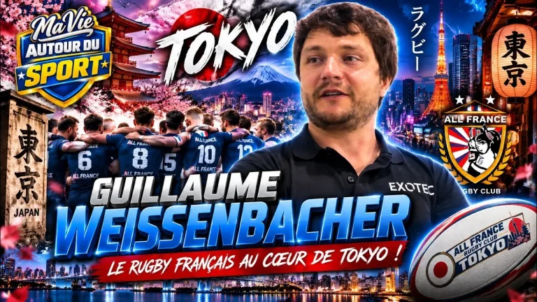 YouTube interview thumbnail featuring AFRC president Guillaume Weissenbacher and All France Rugby Club Tokyo.
